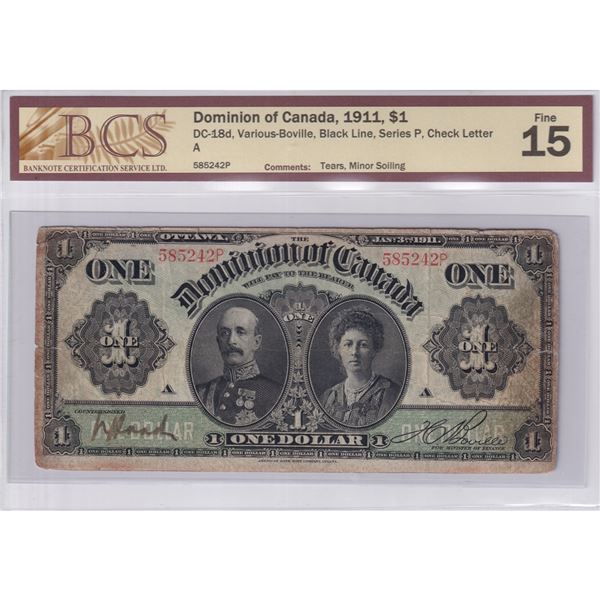 DC-18d 1911 Dominion of Canada $1, Various-Boville, Black Line, Series P, Check Letter A, S/N: 58524