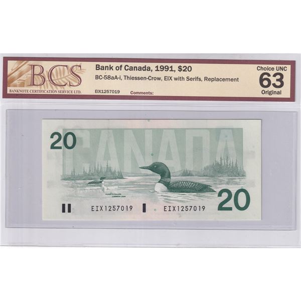 BC-58aA-i 1991 Bank of Canada $20, Thiessen-Crow, EIX with Serifs, Replacement, S/N: EIX1257019, BCS