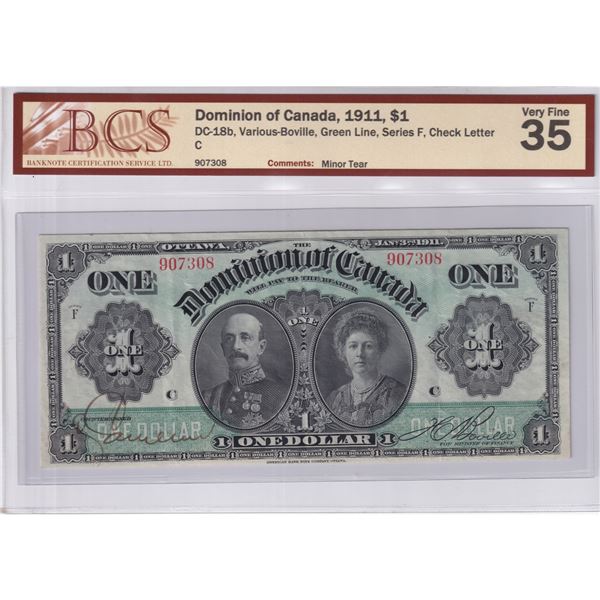 DC-18b 1911 Dominion of Canada $1, Various-Boville, Green Line, Series F, Check Letter C, S/N: 90730