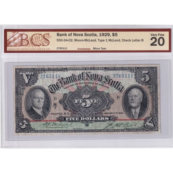 550-34-02 1929 Bank of Nova Scotia $5, Moore-McLeod, Type 1 McLeod, Check Letter B, S/N: 2765111, BC