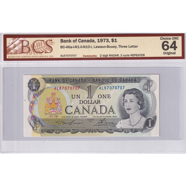 BC-46a-i-N1-ii-N10-i 1973 Bank of Canada $1, Lawson-Bouey, Three Letter, 2 Digit RADAR, 2 Cycle REPE