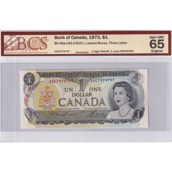 BC-46a-i-N1-ii-N10-i 1973 Bank of Canada $1, Lawson-Bouey, Three Letter, 2 Digit RADAR, 2 Cycle REPE