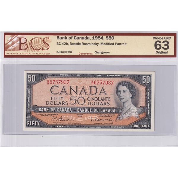 BC-42b 1954 Bank of Canada $50, Beattie-Rasminsky, Modified Portrait, Changeover, S/N: B/H6757937, B