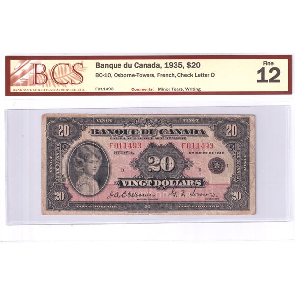 BC-10 1935 Banque du Canada $20, Osborne-Towers, French, Check Letter D, S/N: F011493, BCS Certified