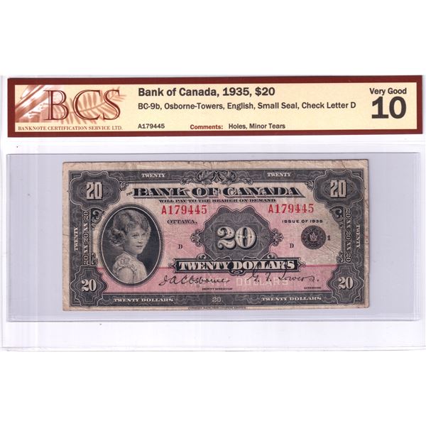 BC-9b 1935 Bank of Canada $20, Osborne-Towers, English, Small Seal, Check Letter D, S/N: A179445, BC
