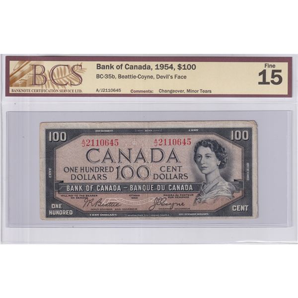 BC-35b 1954 Bank of Canada $100, Beattie-Coyne, Devil's Face, Changeover, S/N: A/J2110645, BCS Certi