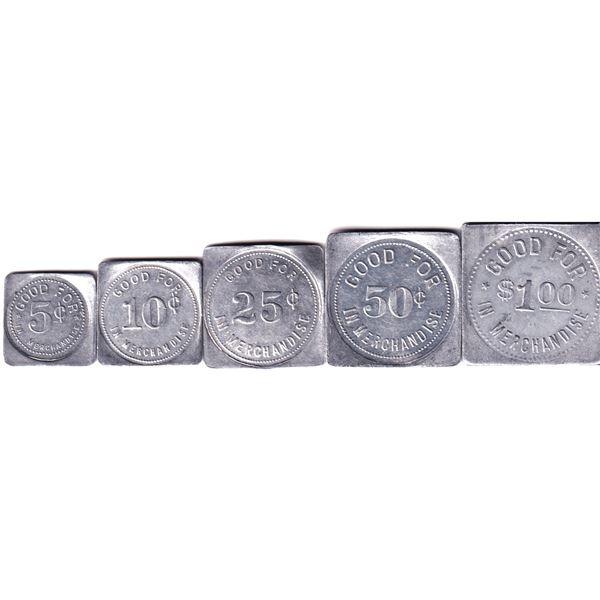 Lot of 5x T.L. Wurm Zurich, Ontario Square Merchant Token Set. Includes 5-, 10-, 25-, 50-cents, and