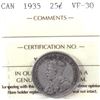 Image 1 : 1935 Canada 25-cent ICCS Certified VF-30.
