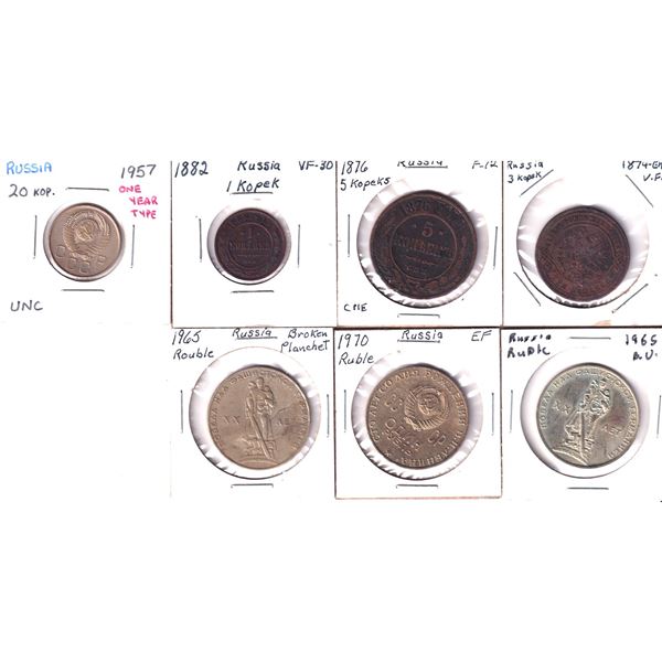 7x Russian coins: 1874-EM 3 Kopek, 1876 5 Kopeks, 1882 Kopek, 1957 20 Kopek, 1965 Rouble, 1965 Roubl