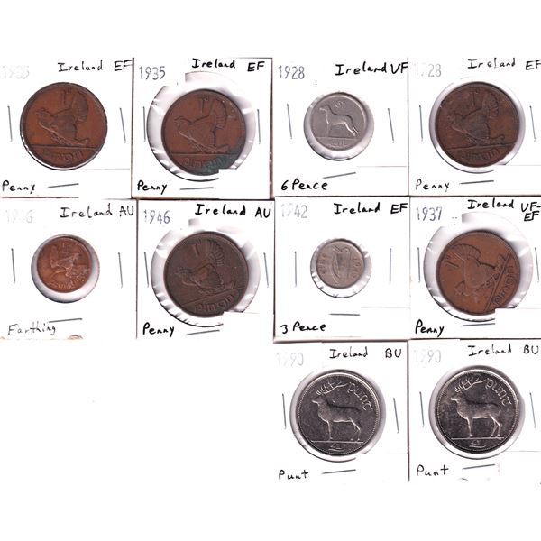 Group lot of coins from Ireland: 1928 Penny EF, 1928 6 Pence VF, 1935 Penny EF, 1935 Penny EF, 1937