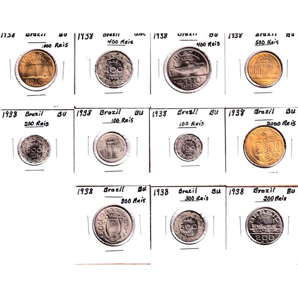 Lot of 11x 1938 Brazil 100,200,300,400,500,1000 & 2000 Reis coins. Please view image for details.