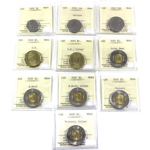 Lot of 10x 2020 Canada Decimal ICCS Certified MS-64, Some Commemorative. Includes 5-, 25-, 50-Cents,