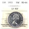Image 1 : 1953 Canada 50-cent LD NSF ICCS Certified MS-64.