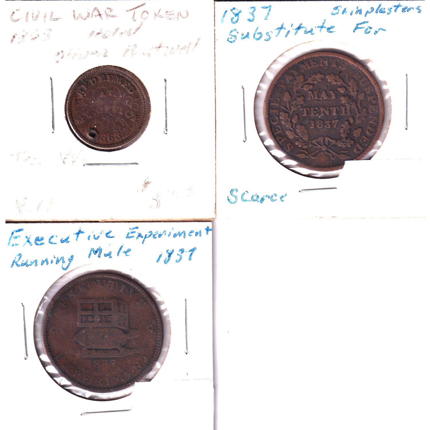 Lot of 3x 1800s Hard Times Tokens. Includes 1837 Executive Experiment ...