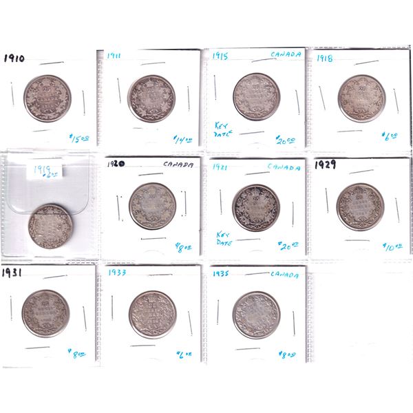 Estate lot of 11x 1910-1935 Canada silver 25-cents. Dates include: 1910,1911,1915,1918,1919,1920,192