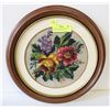 Image 1 : 14" ROUND WOOD FRAME WITH CROSS STICHED DESIGN