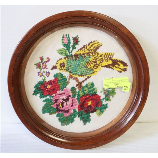 14" ROUND WOOD FRAME WITH CROSS STICHED DESIGN