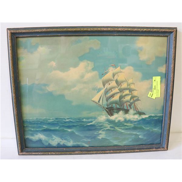 1930'S SHIP PRINT IN ORIGINAL WOOD FRAME