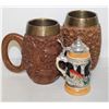 Image 1 : GERMAN STEIN & WOOD CARVED BEER MUGS WITH METAL IN