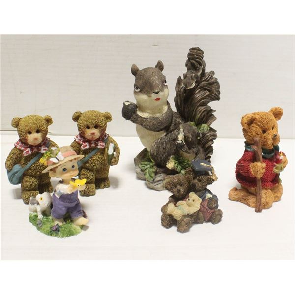 6 FIGURINES- CUTE SQUIRREL, 4 BEARS AND A BOY WITH