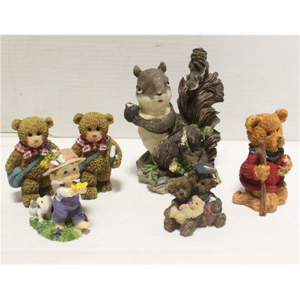 6 FIGURINES- CUTE SQUIRREL, 4 BEARS AND A BOY WITH