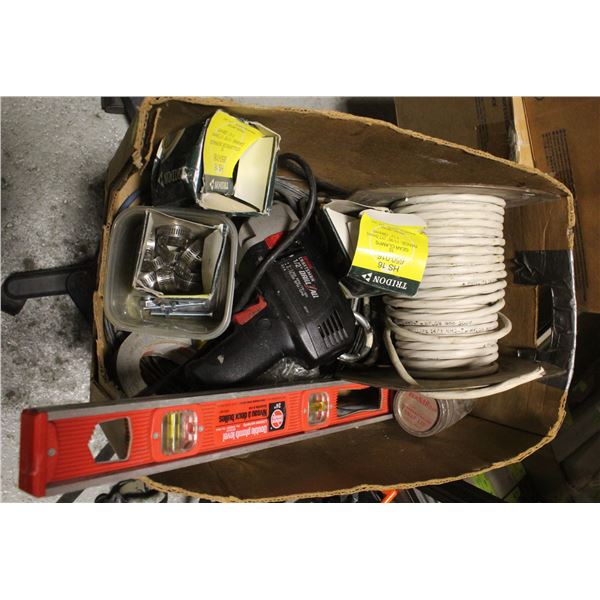 BOX OF ELETRICAL WIRE, HARDWARE & TOOLS