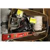 Image 1 : BOX OF ELETRICAL WIRE, HARDWARE & TOOLS