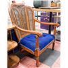 Image 2 : VINTAGE WOOD CARVED ARM CHAIR W/ BLUE VELVET SEAT