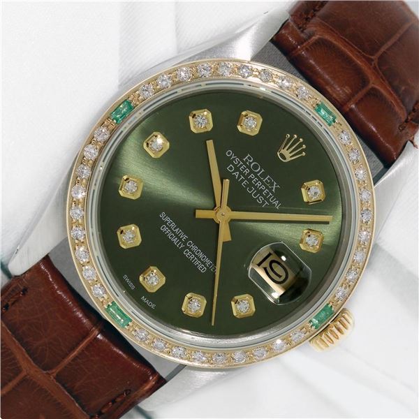 Rolex Datejust Mens 36 Olive Green Diamond Bezel 18K/SS Oyster Perpetual With Le