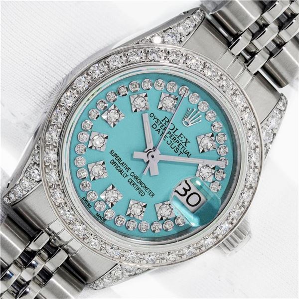 Rolex Ladies Stainless Steel 26MM Blue String Diamond Lugs Datejust Wristwatch W