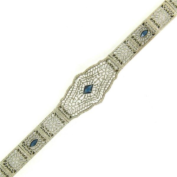 Antique Art Deco 10k White Gold 7" Wide Marquise Filigree & Sapphire Bracelet