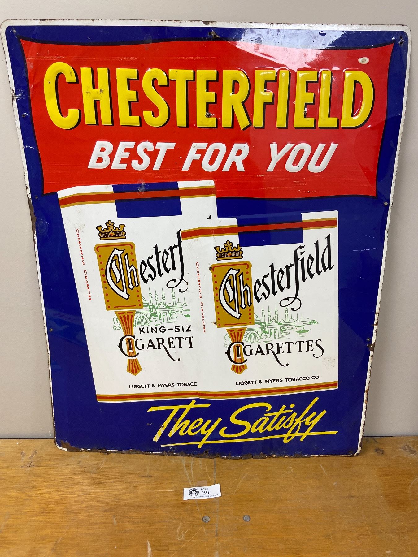 Chesterfeild Sign 24 x 29.5 Vintage Chesterfield Cigarette Tin Sign