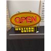 Image 2 : Nice Light Up Western Union Open Sign in Good Working Condition 33 x 22 x 7" Chip In Back Corner Doe
