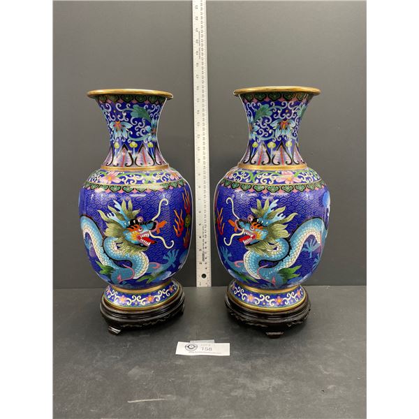 Very Nice Vintage Cloisonne Asian Vases on Wooden Stands 14" H