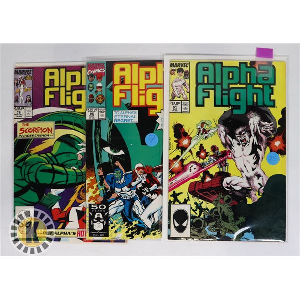 3 ALPHA FLIGHT COMICS.  INCLUDES 1 KEY RARE ISSUE