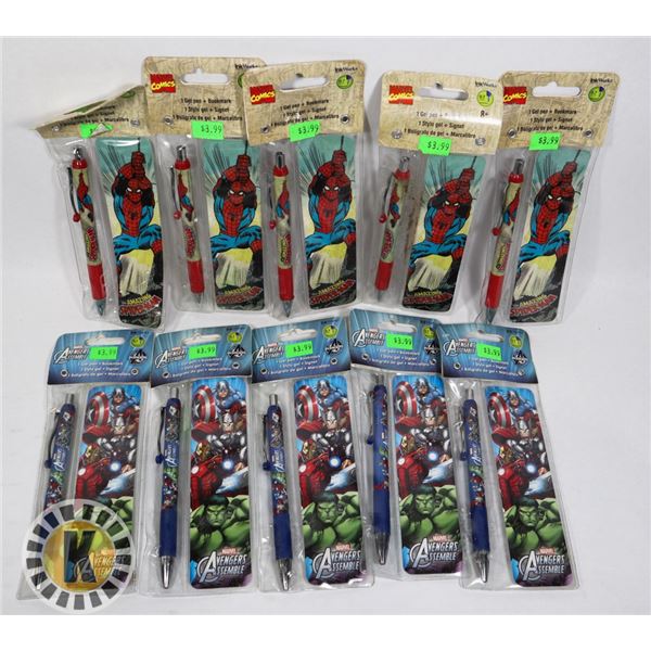 LOT OF 10 ASSORTED MARVEL GEL PEN & BOOKMARK