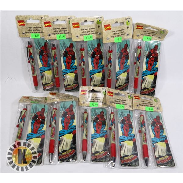 LOT OF 10 ASSORTED SPIDERMAN GEL PEN & BOOKMARK