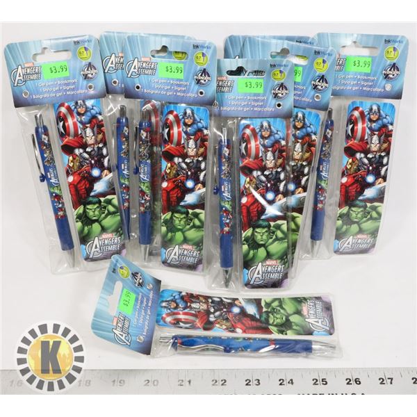 LOT OF 8 AVENGERS GEL PEN & BOOKMARK