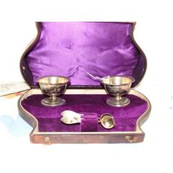 Coin Silver Salt Cups & Spoons in Tooled Leather