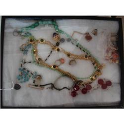 Tray Lot of Jewelry,glass beads, vict. watch fob,