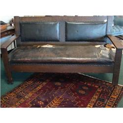 Oak Arts & Crafts Leather covered Bench