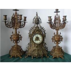 3 Piece Brass Clock and Candelabra Set