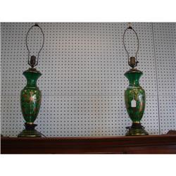 Pair of Green Glass Lamps with Gold Decoration