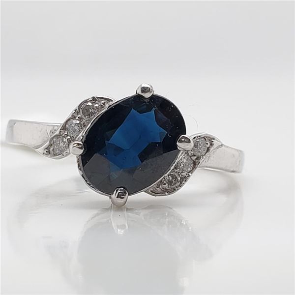 10K White Gold Natural Sapphire(1.05ct) Diamond(0.06ct) Ring (~Size 6) (~weight 2.2g), Made in Canad
