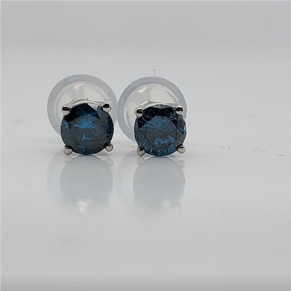 14K White Gold Blue Diamond(0.38Ct,I1-I2) Treated Color Earrings (~weight 0.6g), Made in Canada, App