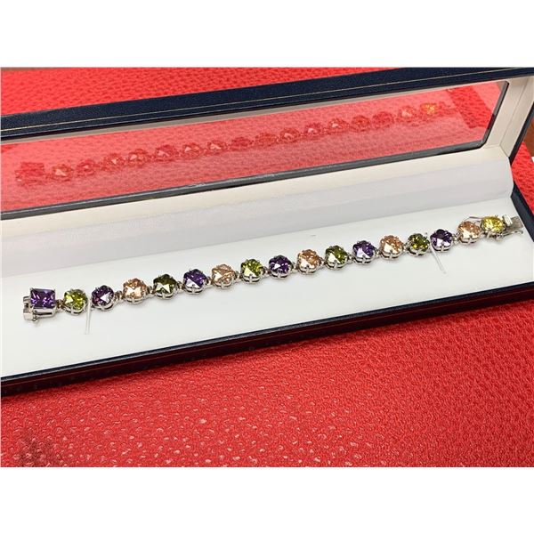Ladies Multi GEM Stone Tennis Bracelet NEW Silver in Gift Box