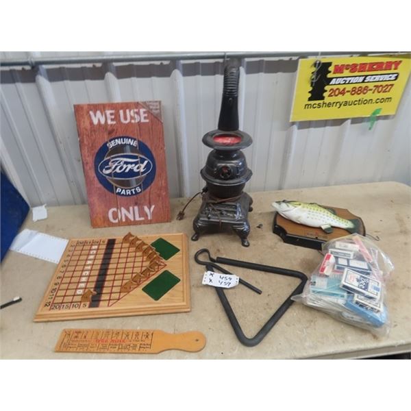 Horse Derby Game, Ceramic Pot Belly Heater Lamp , Dinner Bell & Ford Sign Plus More!