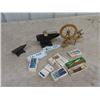 Image 1 : Small Wooden SPinning Wheel, Metal Anvil, Avon Anvil, Pocket Knife, Red Rose Tea Cards Plus More