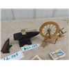 Image 4 : Small Wooden SPinning Wheel, Metal Anvil, Avon Anvil, Pocket Knife, Red Rose Tea Cards Plus More