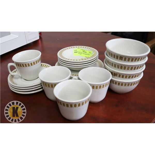 SET TEACUPS + SAUCERS, BOWLS, SIDE PLATES